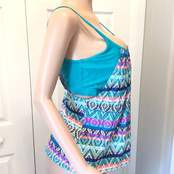 Go Gossip Womens Aqua Aztec Print Layered Cut Out Tankini Swimsuit Top Size XL - Picture 4 of 8